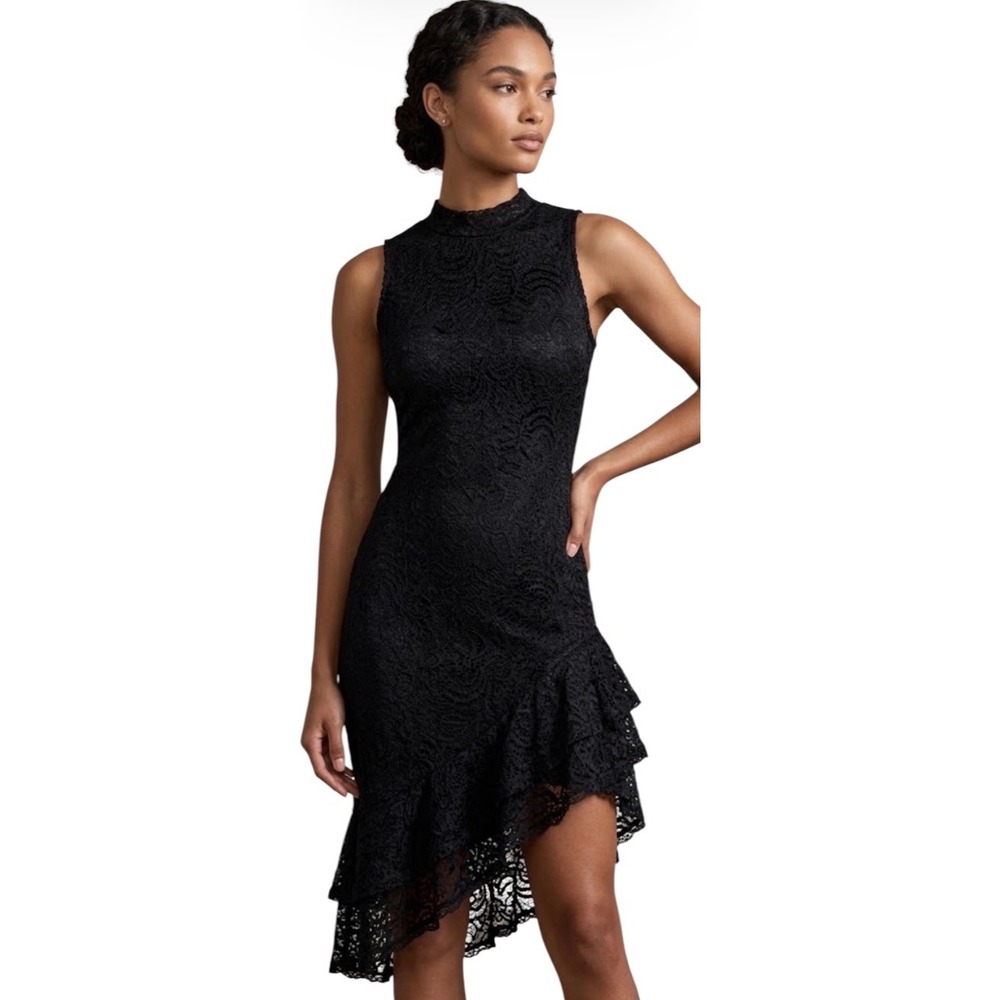 Jolie & Joy Sleeveless Dress Black Lace Mock Neck Asymmetric Ruffled Size Medium